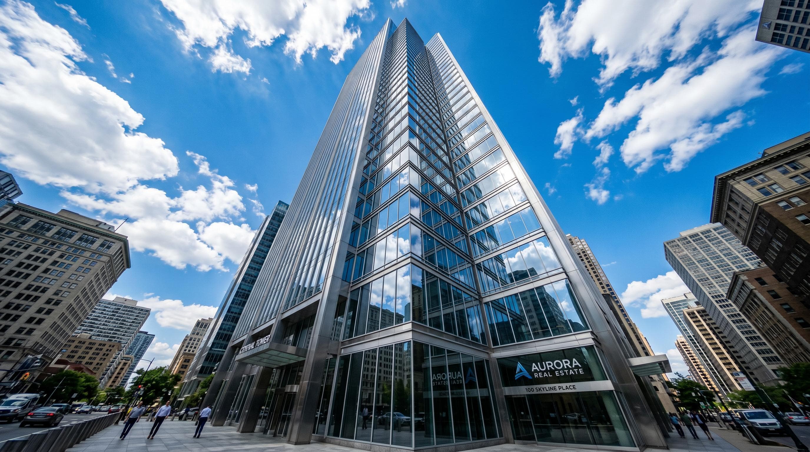 Modern glass skyscraper reflecting blue sky