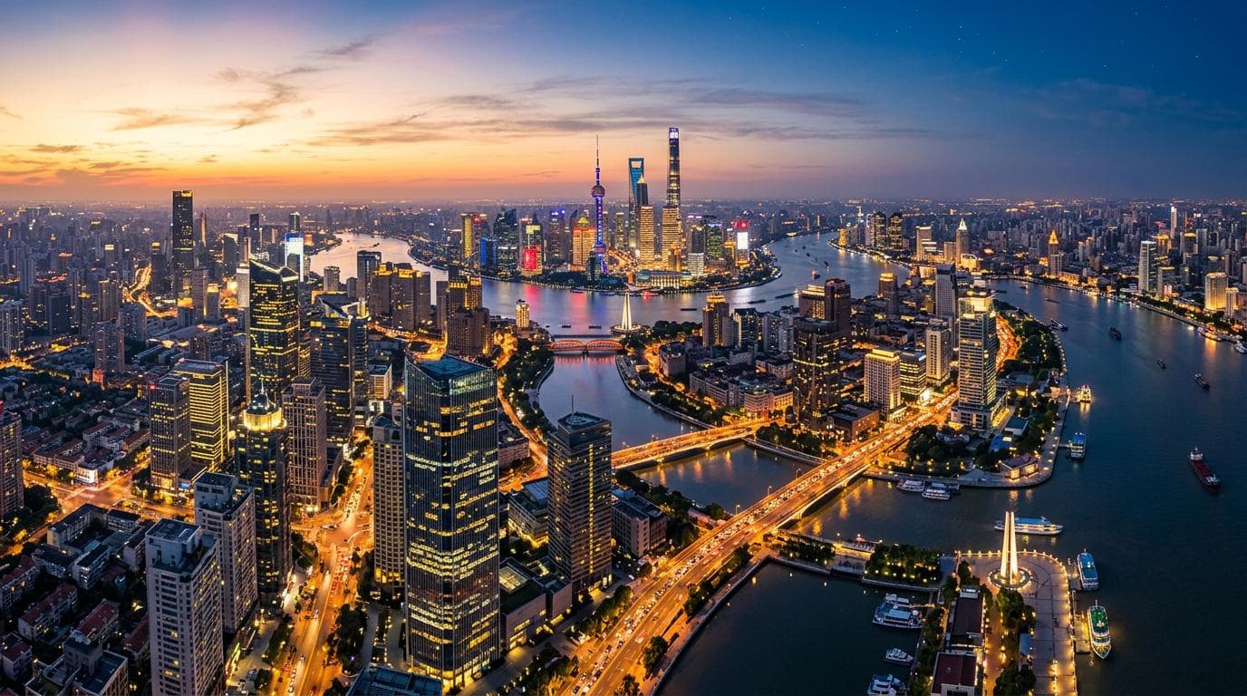 Global business district at dusk
